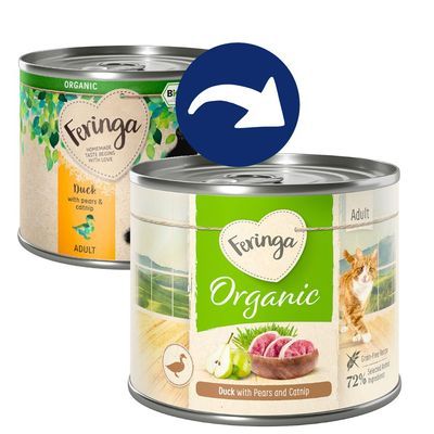 Deux boîtes Feringa Organic Adult, texte visible : Duck with Pears and Catnip, 72 % selected animal ingredients, sans céréales, image de canard, poire et chat adulte.