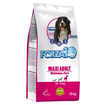 Сухой корм Forza10 Maxi Adult Maintenance al Pesce для собак 36–70 кг, 15 кг. Видна собака, надписи: Kibbles with Fish, NO ANTIBIOTICS, GLUTEN FREE, MADE IN ITALY.