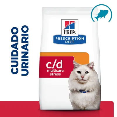 Hill's Prescription Diet c/d multicare stress, cuidado urinario. Imagen de envase con ilustración de gato y símbolo de pez en la esquina superior derecha.