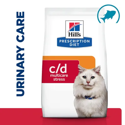 Hill's Prescription Diet c/d multicare stress food packaging with urinary care text and fish icon visible.