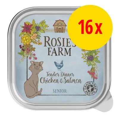 Rosie's Farm Tender Dinner Chicken & Salmon SENIOR, recette sans céréales, lot de 16 barquettes. Illustration d’un chat et d’une poule visibles sur l’emballage.