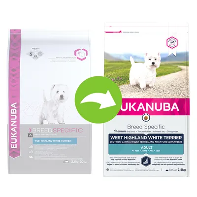 Förpackningsändring: Eukanuba Breed Specific West Highland White Terrier, gammal och ny design, 2,5 kg. Synlig text: Adult, Scottish, Cairn & Welsh Terriers and Miniature Schnauzers. Förpackningsändring: Eukanuba Breed Specific West Highland White Terrier, gammal och ny design, 2,5 kg. Synlig text: Adult, Scottish, Cairn & Welsh Terriers and Miniature Schnauzers.