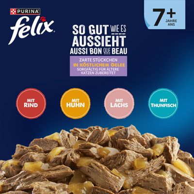 Jumbopack Felix "Aussi bon que beau" 120 x 85 g pour chat - Senior (bœuf, saumon, poulet, thon)