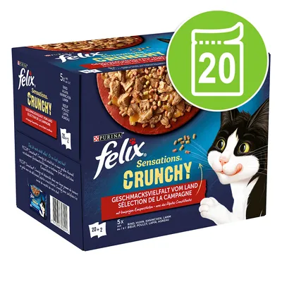 Cutie Felix Sensations Crunchy, selecție de la fermă, 20 plicuri. Text vizibil: vită, pui, iepure, miel. Imagine cu mâncare pentru pisici și simbol verde cu numărul 20.