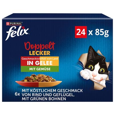 Felix Doppelt Lecker Duos, pakiranje od 24 vrećice. Slika mačke i tanjur hrane na kutiji. Vidljiv tekst na njemačkom jeziku: 'in Gelee'.