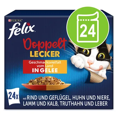 Purina Felix Doppelt Lecker, Geschmacksvielfalt vom Land in Gelee. 24x mit Rind, Geflügel, Huhn, Niere, Lamm, Kalb, Truthahn und Leber. Purina Felix Doppelt Lecker, Geschmacksvielfalt vom Land in Gelee. 24x mit Rind, Geflügel, Huhn, Niere, Lamm, Kalb, Truthahn und Leber.