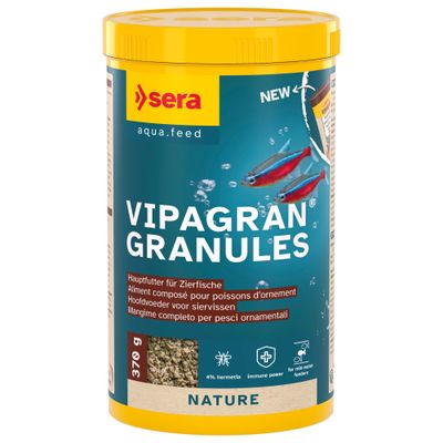 sera aqua.feed VIPAGRAN GRANULES Pääruoka koristekaloille, 370 g, Nature, 4 % hermetia, immuuniteho, keskiveden syöjille