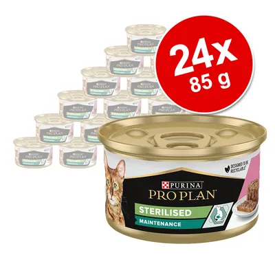 Purina Pro Plan Sterilised Maintenance kissan märkäruoka, 24 x 85 g annospurkit. Etiketissä kuva kissasta ja ruoka-annoksesta, teksti: Designed to be recyclable.