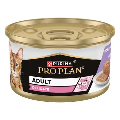 Промяна на опаковката: Purina Pro Plan Delicate става Purina Pro Plan Adult Delicate. Нова консерва с изображение на котка и надпис „проектирана да бъде рециклируема“.