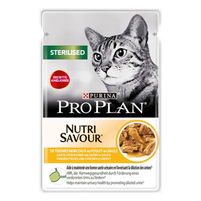 Purina Pro Plan Nutri Savour Sterilised. Zarte Stückchen mit Huhn in Sauce. Hilft, die Harnwegsgesundheit durch Förderung eines verdünnten Urins zu unterstützen.