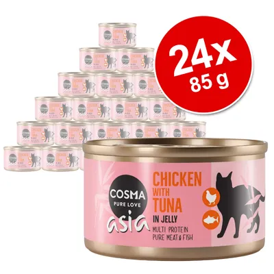 Cosma Asia Chicken with Tuna in Jelly, 24 puszki po 85 g. Widoczne opakowanie zbiorcze i pojedyncza puszka z nazwą produktu oraz grafiką kota, kurczaka i tuńczyka.