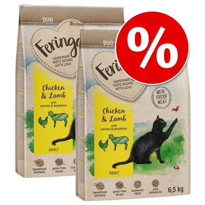 Feringa Chicken & Lamb with carrots & dandelion, adult cat food, 6.5 kg bags, visible 'with fresh meat', 'beneficial proteins', 'grain-free recipe', red percent discount symbol Feringa Chicken & Lamb with carrots & dandelion, adult cat food, 6.5 kg bags, visible 'with fresh meat', 'beneficial proteins', 'grain-free recipe', red percent discount symbol
