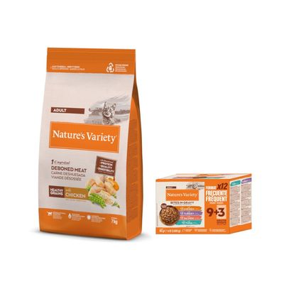 Nature's Variety Adult Katzenfutter mit entbeintem Fleisch, gesunden Körnern und Huhn. Verpackung 7kg, Protein, Qualität, Verdaulichkeit hervorgehoben.
