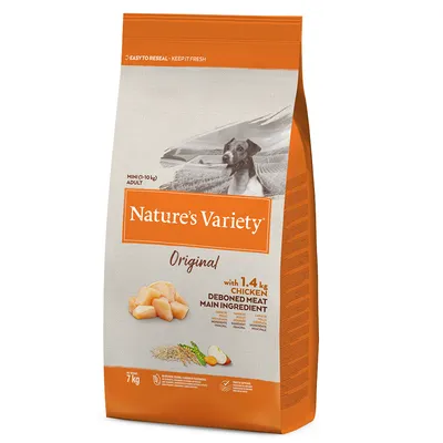 Nature's Variety Original hundefoder, mini (1–10 kg) adult, 7 kg. Tekst: with 1.4 kg chicken deboned meat main ingredient. Billede af kyllingestykker og grøntsager på posen.