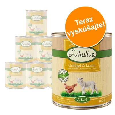 Konzervy Lukullus Geflügel & Lamm Adult 800 g, viditeľný text: Teraz vyskúšajte! Na etikete kura a jahňa, nápis mit Kartoffeln, Löwenzahn und Leinöl.