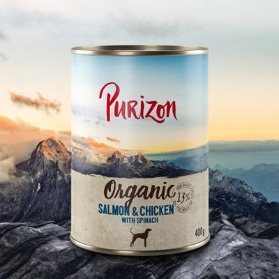Purizon Organic Salmon & Chicken met spinazie, 13% eiwit, 400 g blik, hondensymbool op de verpakking