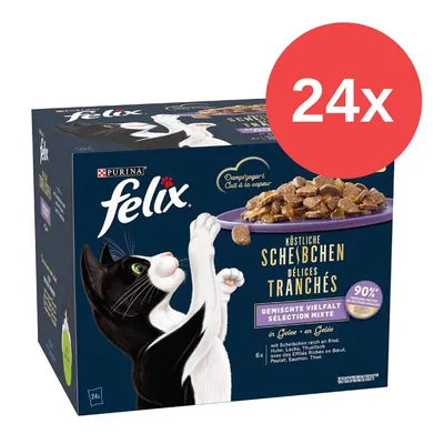 Purina Felix Köstliche Scheibchen en gelatina, variedad mixta, 24x raciones. Cocido al vapor, 90% proteínas animales, con ternera, pollo, salmón y atún.