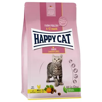 Happy Cat Junior Land Geflügel kattenvoer, farm poultry 4–12 month, afbeelding van kitten en ingrediënten, All in One, natuurlijke levensondersteuning, zichtbare pictogrammen voor functies.