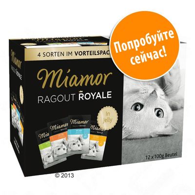 Упаковка Miamor Ragout Royale In Jelly, 12×100 г, изображение кота, надпись: «Попробуйте сейчас!», четыре разновидности на передней части коробки.