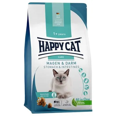 Happy Cat Care Magen & Darm kattenvoer, 1+ years, glutenvrije receptuur, afbeelding van kat en brokjes, tekst: stomach & intestines, 78% dierlijke eiwitten, All in One Natural Life Concept.