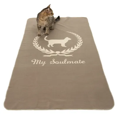 Plaid beige avec silhouette de chat, couronne de laurier et texte « My Soulmate » en anglais. Un chat est assis sur le plaid.