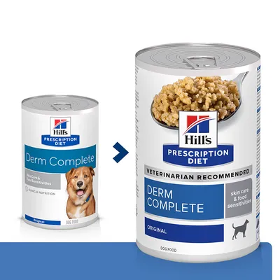 Hill's Prescription Diet Derm Complete Original koiranruoka, kaksi erilaista purkkipakkausta vierekkäin. Uudessa pakkauksessa näkyy ruoan koostumus ja teksti: skin care & food sensitivities.