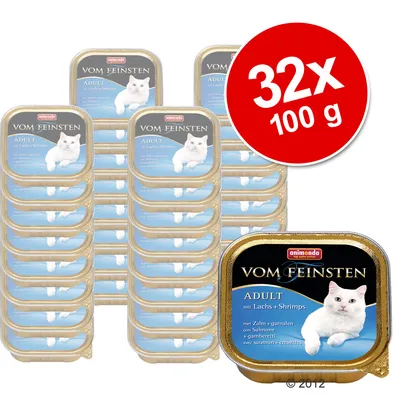32 barquettes de 100 g Animonda Vom Feinsten Adult mit Lachs + Shrimps, emballage avec photo de chat blanc et texte en plusieurs langues. 32 barquettes de 100 g Animonda Vom Feinsten Adult mit Lachs + Shrimps, emballage avec photo de chat blanc et texte en plusieurs langues.