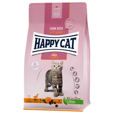 Sac de croquettes Happy Cat Junior LandENTE, Farm Duck 4–12 month, pour chaton. Texte visible : Made in Germany, sans conservateurs, Natural Life Concept, 82 % protéines animales.