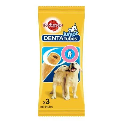 Pedigree Junior DentaTubos, verpakking met 3 stuks, met kip. Afbeelding van twee puppy's en een kauwstaaf, zichtbaar tand-icoon op de verpakking.