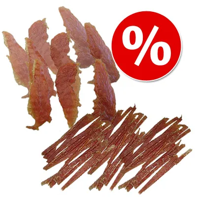 Image showing two types of dried meat treats with a red percentage discount symbol, indicating a special offer or promotion on these products. Image showing two types of dried meat treats with a red percentage discount symbol, indicating a special offer or promotion on these products.