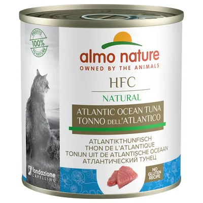 almo nature HFC Natural Tonno dell'Atlantico, scritte Atlantic Ocean Tuna, No Gluten Recipe, immagine di un gatto e pezzo di tonno, fondazione Capellino