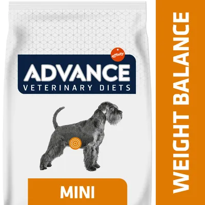 Pachet Advance Veterinary Diets Weight Balance Mini, imagine cu un câine și text vizibil: affinity, MINI, WEIGHT BALANCE.
