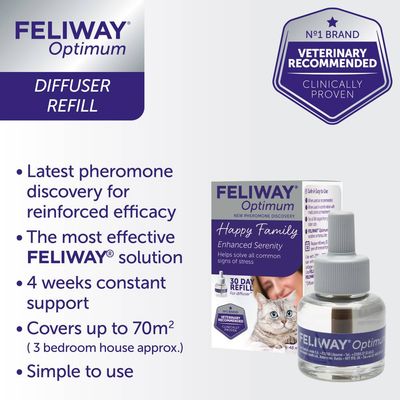 Feliway Optimum diffuser refill. Latest pheromone discovery, most effective solution, 4 weeks support, covers up to 70m², simple to use. Veterinary recommended, clinically proven.