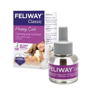 Feliway Classic 30 day refill for diffuser, calming and comfort, helps reduce signs of stress, veterinary recommended, clinically proven, 48ml bottle shown with packaging.