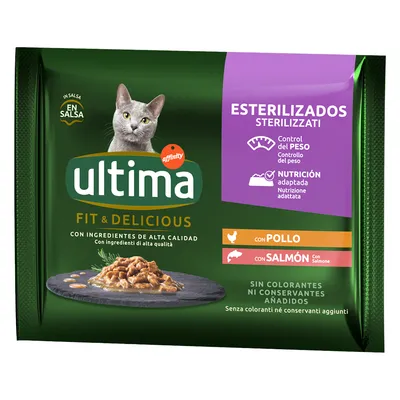 Ultima Fit & Delicious hrana za sterilizirane mačke, s piščancem in lososom, brez barvil ali konzervansov, v omaki. Nadzor teže in prilagojena prehrana.