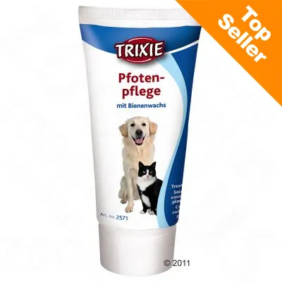 TRIXIE Pfotenpflege mit Bienenwachs, tube med billede af hund og kat, Top Seller-mærke i hjørnet, Art.-Nr. 2571 synlig på emballagen.