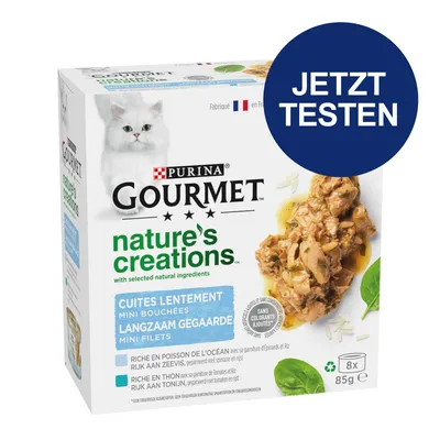Purina Gourmet Nature's Creations, langsam gegarte Mini Filets, reich an Thunfisch und Ozeanfisch, ohne Farbstoffe, Packung mit 8x85g. Jetzt testen.