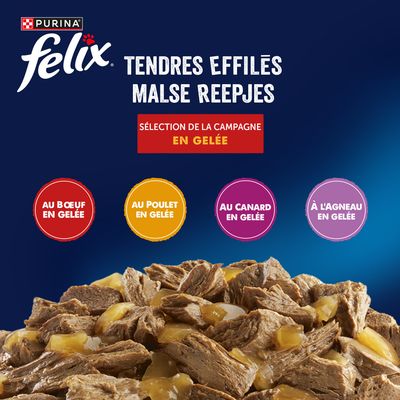 Purina Felix Tendres Effilés. Sélection : Au bœuf en gelée, Au poulet en gelée, Au canard en gelée, À l'agneau en gelée. Sélection de la campagne en gelée.