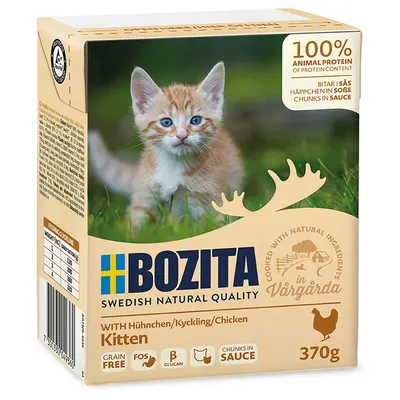 Bozita Swedish Natural Quality Kitten med kyckling, bitar i sås, 370 g. Text: 100 % animal protein, grain free, FOS, β-glucan, chunks in sauce. Utfodringstabell synlig på sidan.