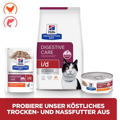Hill's Prescription Diet Digestive Care i/d croquettes et pâtée pour chats, au poulet. Essayez notre délicieuse nourriture sèche et humide.
