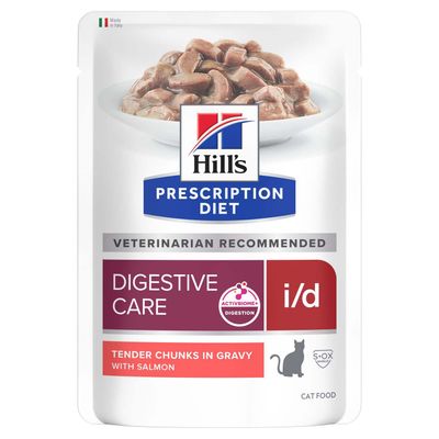 Hill's Prescription Diet i/d, опаковка с изображение на котка. Текст отляво: DIGESTIVE CARE. В горния десен ъгъл има икона на риба.