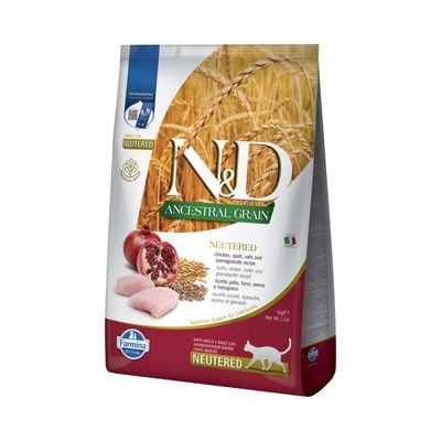 N&D Ancestral Grain Neutered kuracie, špalda, ovos a granátové jablko recept. Pre dospelé, kastrované mačky. Farmina Pet Foods.
