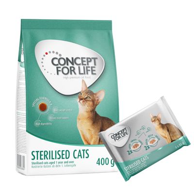 Pienso y comida húmeda Concept for Life All Cats para gatos adultos, paquete de 400 g y pack de 4 x 85 g. Texto visible: 'Alimentación mixta'.