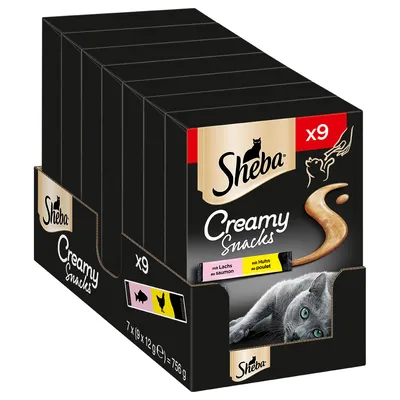 Sheba Creamy Snacks, 9 adag csomag. Ízek: lazac és csirke. Teljes tömeg: 756 g. Szürke macskafej képe a csomagoláson.