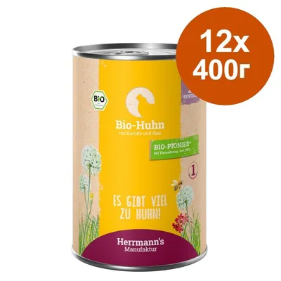 Консерва Herrmann's Manufaktur Bio-Huhn mit Karotte und Reis, 12×400 г. Видим био сертификат и текст на немски език: BIO-PIONIER, ES GIBT VIEL ZU HUHN! Консерва Herrmann's Manufaktur Bio-Huhn mit Karotte und Reis, 12×400 г. Видим био сертификат и текст на немски език: BIO-PIONIER, ES GIBT VIEL ZU HUHN!