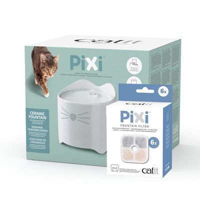 Catit Pixi Keramiktrinkbrunnen, weiß Sparset: Trinkbrunnen 1,7 l & 6 Ersatzfilter