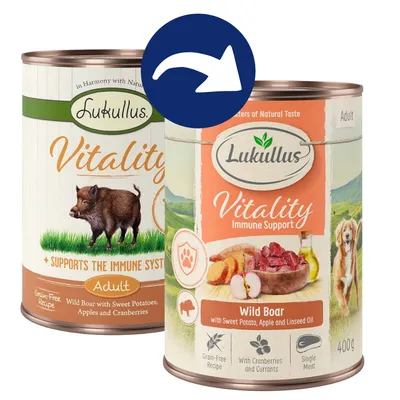 Lukullus Vitality Adult, Wildschwein mit Süßkartoffeln, Äpfeln und Cranberries. Unterstützt das Immunsystem. Rezept ohne Getreide, 400g Dose. Lukullus Vitality Adult, Wildschwein mit Süßkartoffeln, Äpfeln und Cranberries. Unterstützt das Immunsystem. Rezept ohne Getreide, 400g Dose.