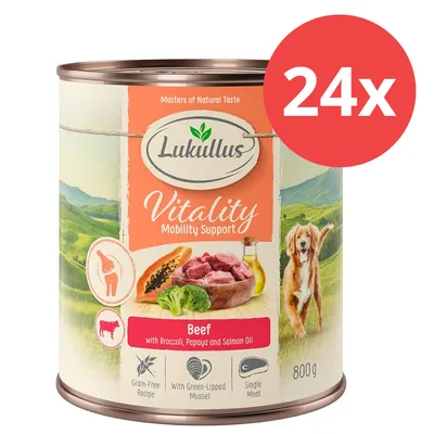 Lukullus Vitality Mobility Support, Rind mit Brokkoli, Papaya und Lachsöl. Getreidefrei, Grünlippmuschel, Single Meat. 800g Dose, 24x Packung.