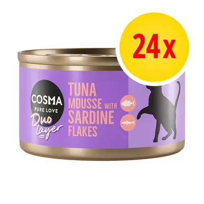 Cosma Duo Layer tuna mousse with sardine flakes, pack of 24 cans shown on label with silhouette of a cat and fish icons.