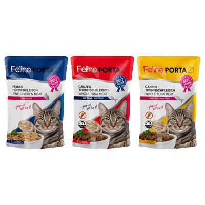 Feline Porta 21 Feines Hühnerfleisch pur, ohne Zuckerzusatz, Packung mit 24 x 100 g. Bestseller-Label sichtbar.